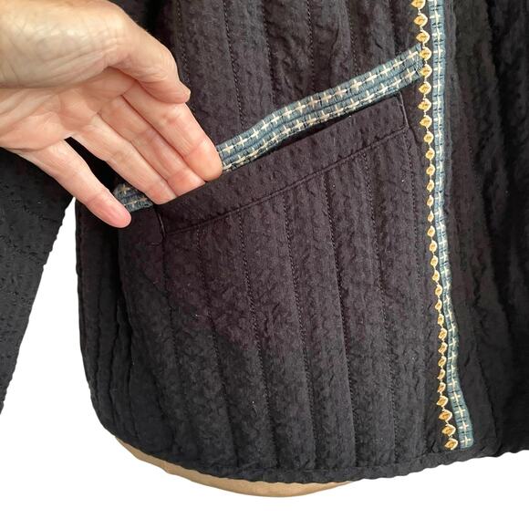 Pure Jill Seersucker Quilted Open Front Jacket Black Emroidered Trim Sz XL - Picture 6 of 10